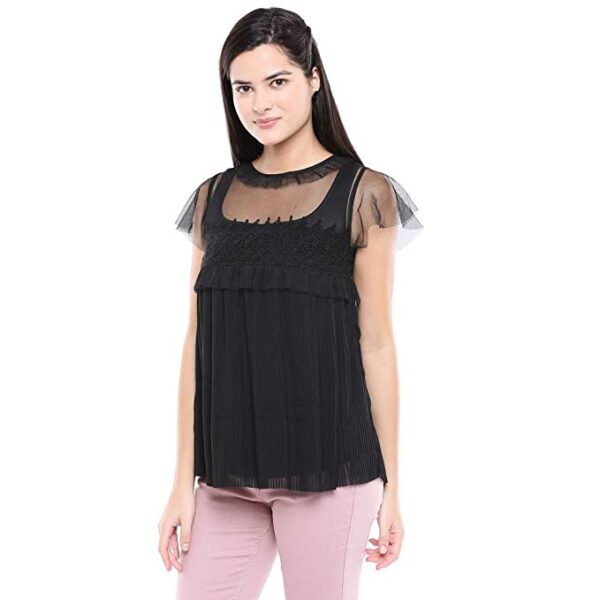Womens Round Neck Solid Lace Yoke Top - Image 3